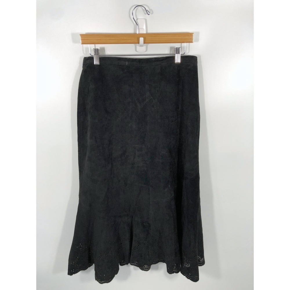 VTG Chicos Suede Leather Midi Skirt Women 2 Black Eyelet Western Rodeo Boho Chic